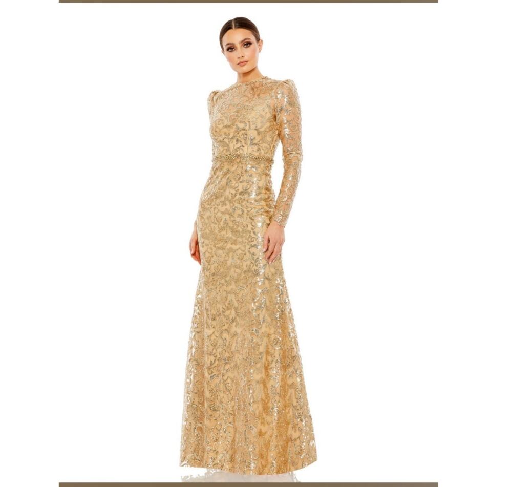 Mac Duggal Embellised Gold Long Sleeve MOB Prom Maxi Gown Plus Size 20 68011 New